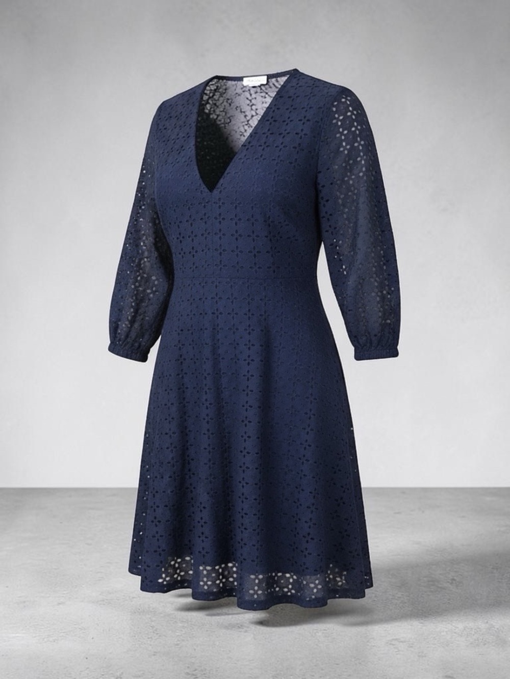 Eyelet V-Neck Navy Fit-and-Flare Dress